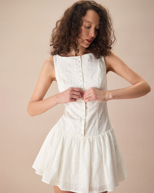 Vestido Mini de Algodón Jacquard Blanco con Cuello Barco para Mujeres