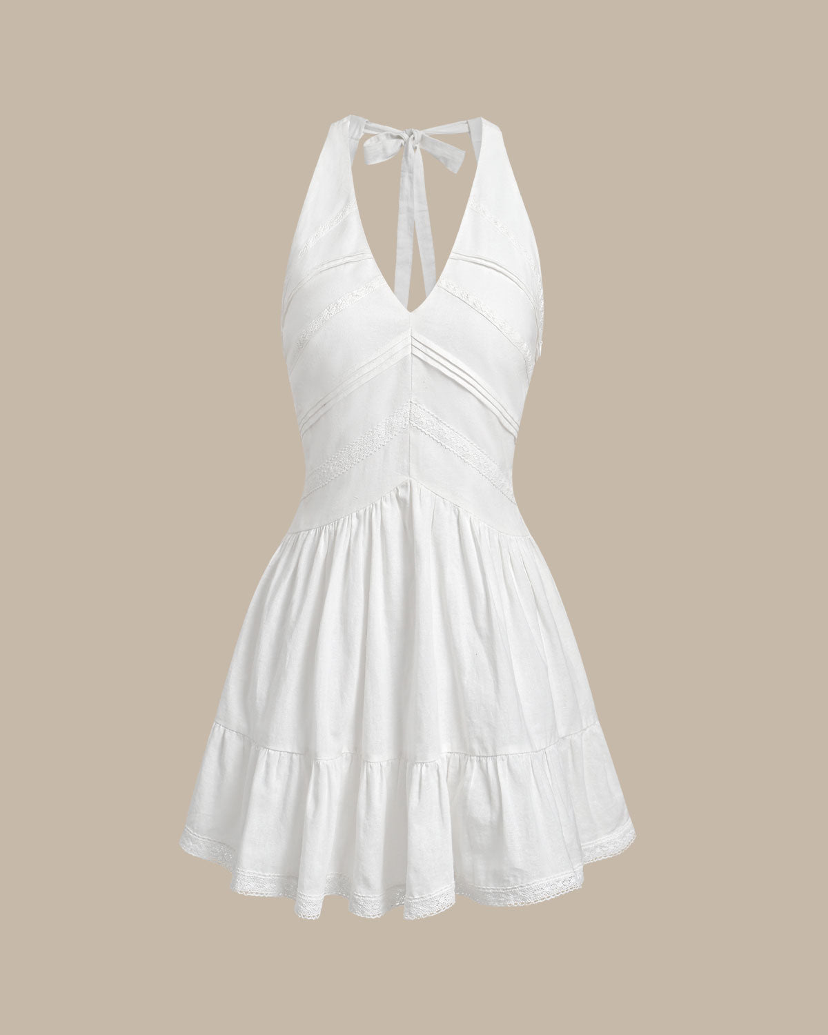 Vestido Mini Sin Espalda con Pliegues y Cuello en V Blanco