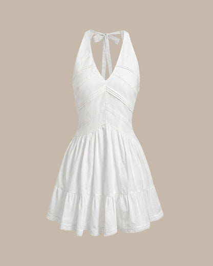 Vestido Mini Sin Espalda con Pliegues y Cuello en V Blanco