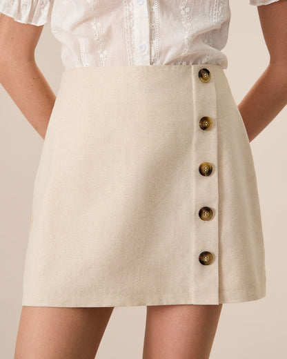 Falda Mini de Algodón Beige de Cintura Alta para Mujeres