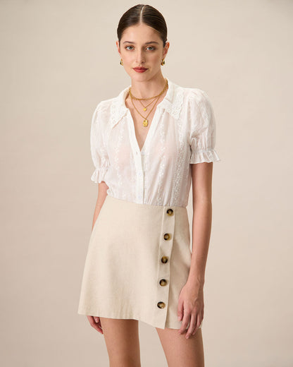 Falda Mini de Algodón Beige de Cintura Alta para Mujeres