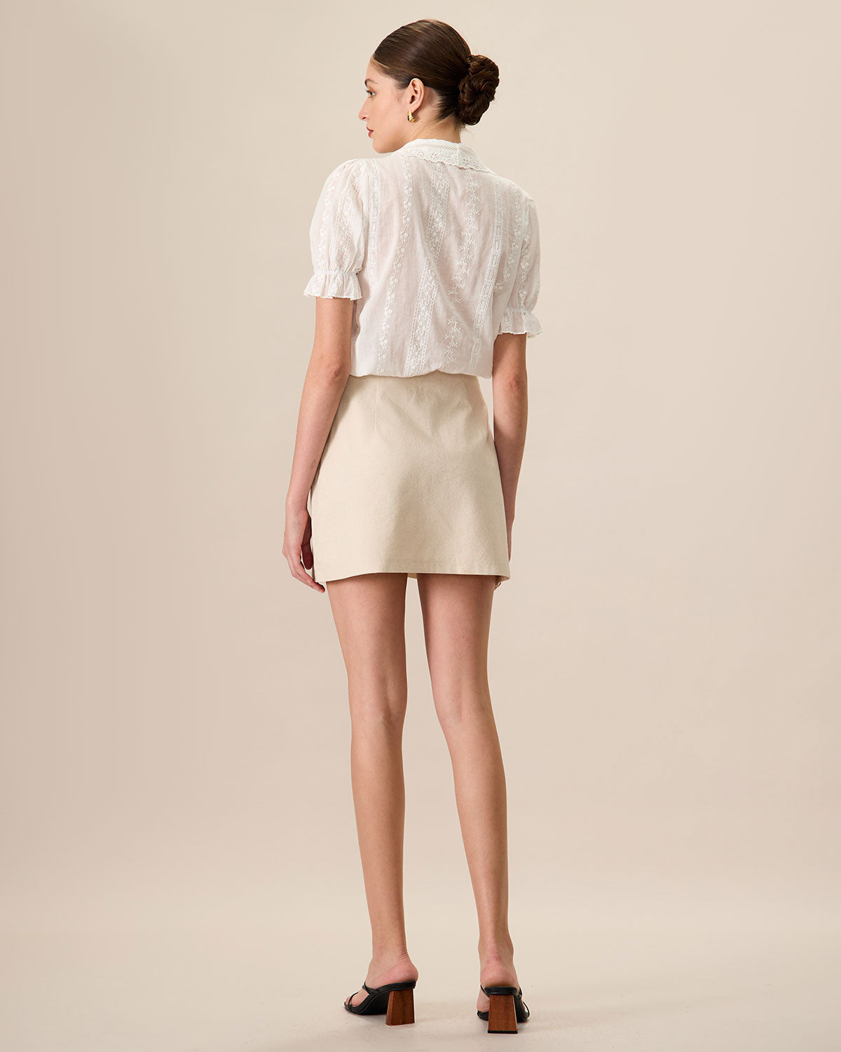 Falda Mini de Algodón Beige de Cintura Alta para Mujeres