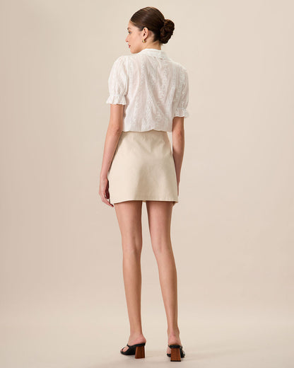 Falda Mini de Algodón Beige de Cintura Alta para Mujeres