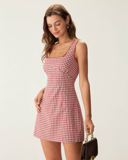 Vestido Mini de Tirantes con Cuello Cuadrado a Cuadros Rojos