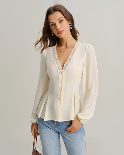 Blusa de Manga Larga con Encaje y Escote en V Color Albaricoque