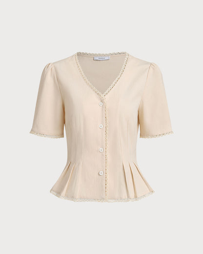 Blusa Beige con Botones y Pliegues en Cuello en V
