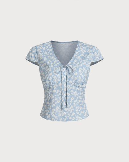 Blusa Azul Floral con Escote en V