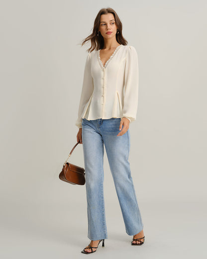 Blusa de Manga Larga con Encaje y Escote en V Color Albaricoque
