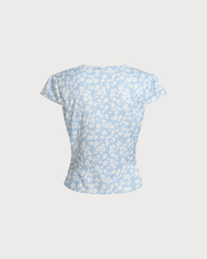 Blusa Azul Floral con Escote en V