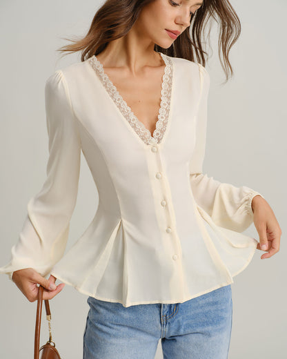 Blusa de Manga Larga con Encaje y Escote en V Color Albaricoque