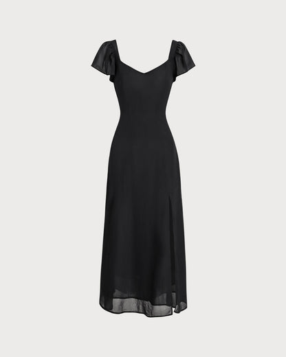 Vestido Maxi de Chifón con Escote Corazón Negro