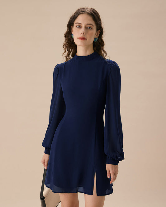 Túnica Mini Vestido de Cuello Redondo Azul