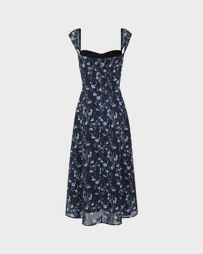 Vestido Midi con Escote Corazón Floral en Azul Marino