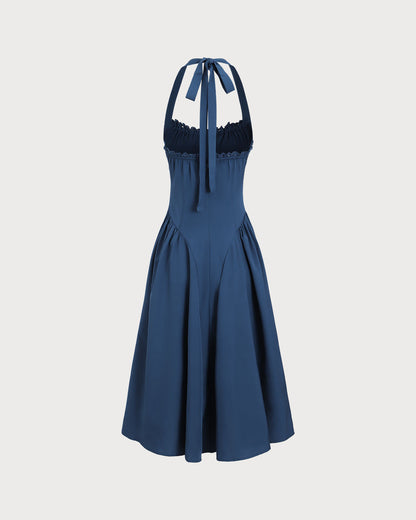 Vestido Midi Halter Arrugado en Color Marino