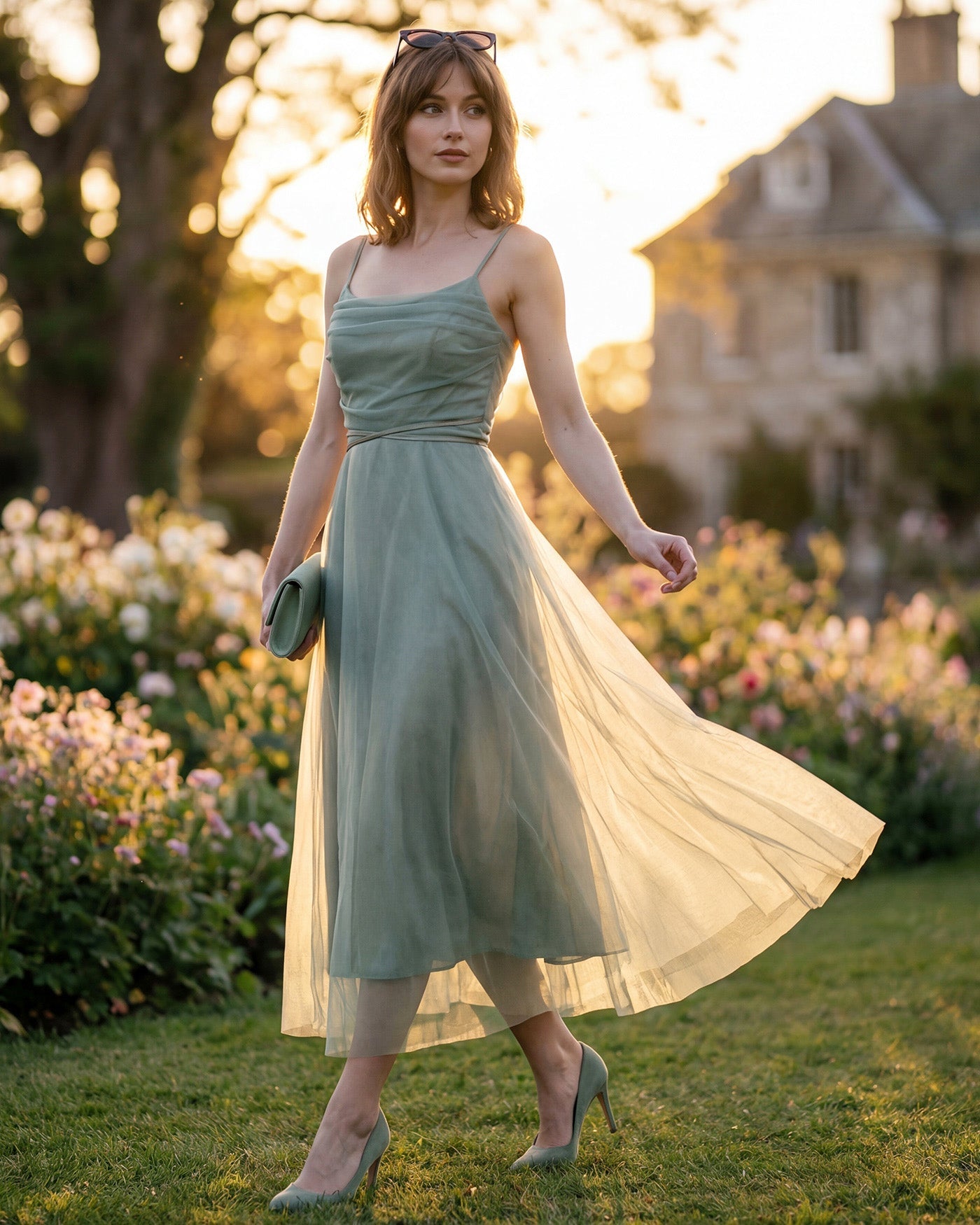 Vestido Midi Deslizante de Malla Verde
