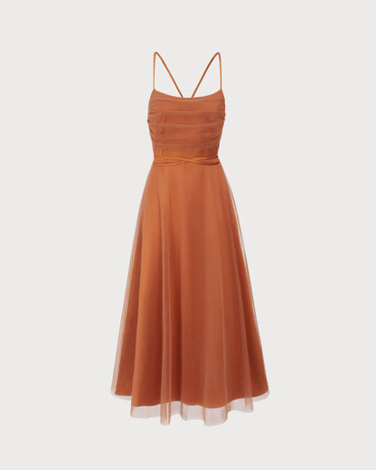 Vestido Midi Deslizante de Malla Caramelo
