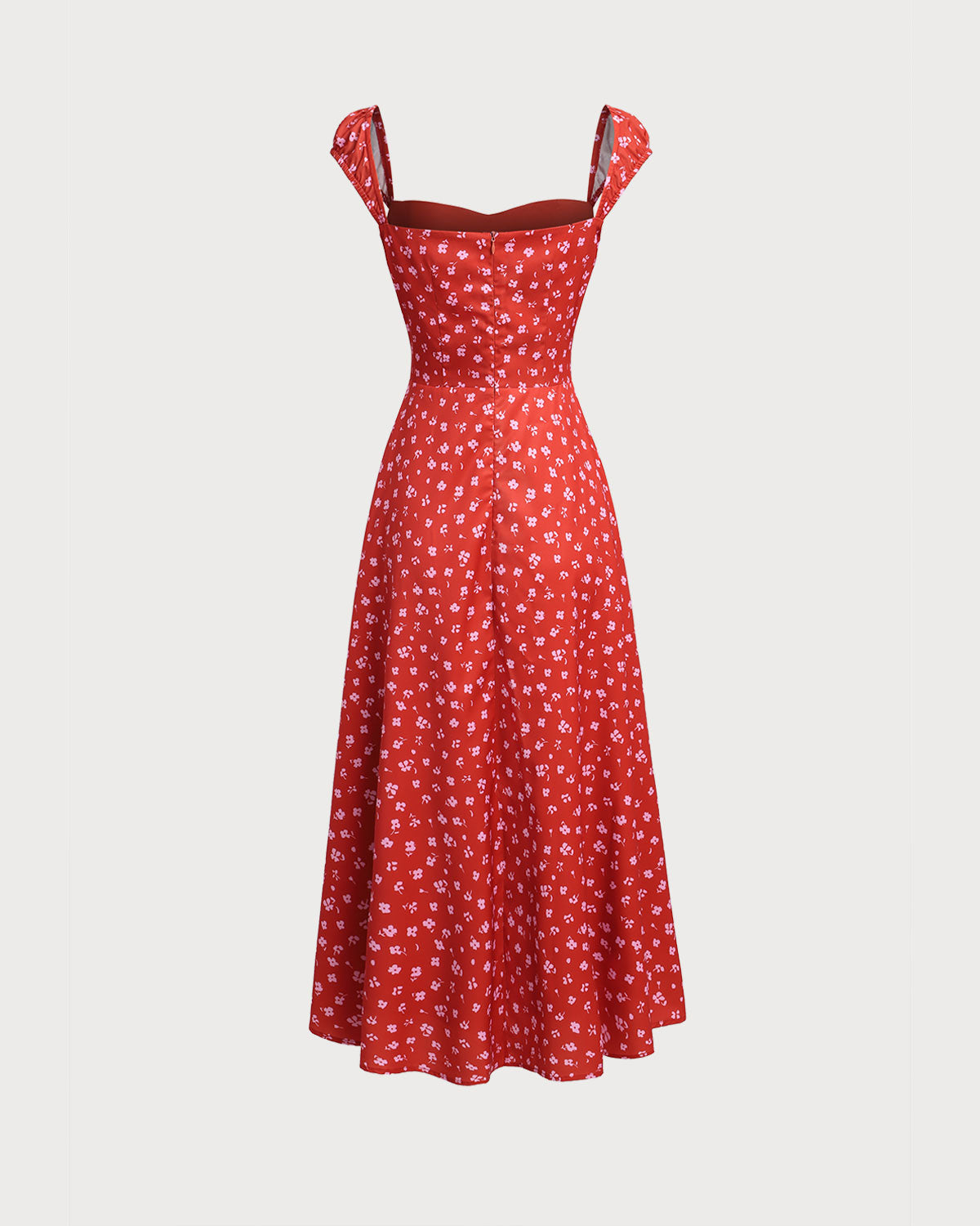 Vestido Midi Rojo Floral con Escote Corazón y Manga Corta