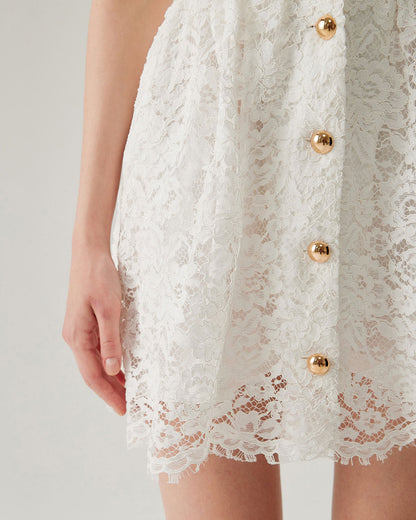 Vestido Mini Sin Mangas con Cuello de Encaje Blanco