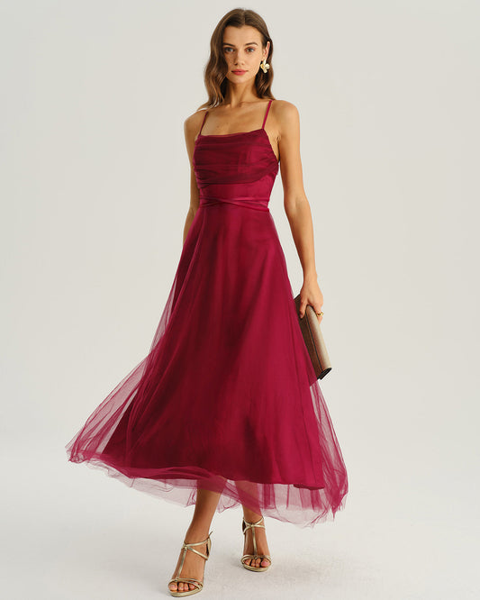 Vestido Midi Deslizante Fluido de Malla Color Vino