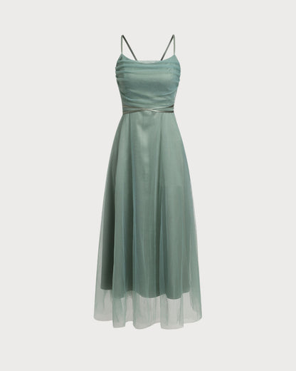 Vestido Midi Deslizante de Malla Verde