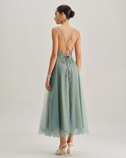 Vestido Midi Deslizante de Malla Verde