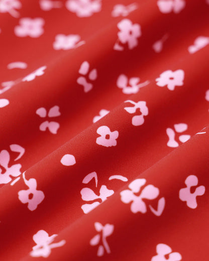 Vestido Midi Rojo Floral con Escote Corazón y Manga Corta