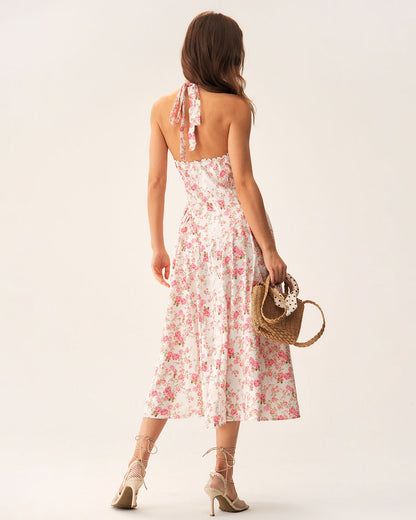 Vestido Midi Halter Floral Rosa