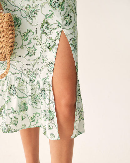 Vestido Midi Verde Floral de Cuello Cuadrado