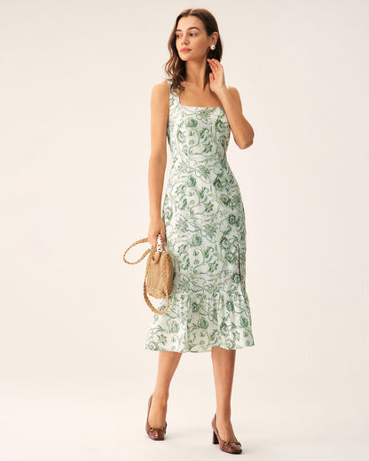 Vestido Midi Verde Floral de Cuello Cuadrado