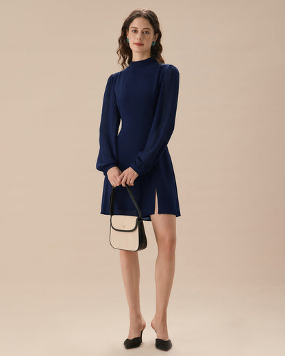 Túnica Mini Vestido de Cuello Redondo Azul