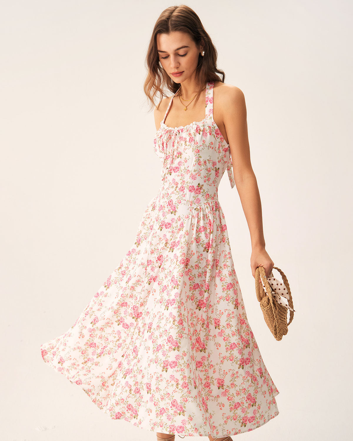 Vestido Midi Halter Floral Rosa