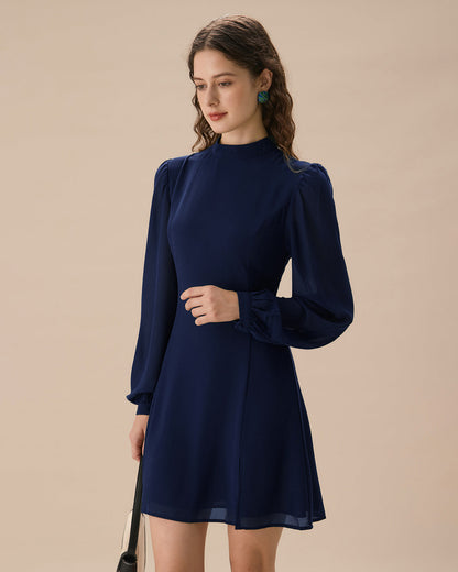 Túnica Mini Vestido de Cuello Redondo Azul