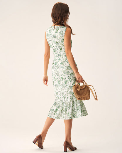 Vestido Midi Verde Floral de Cuello Cuadrado