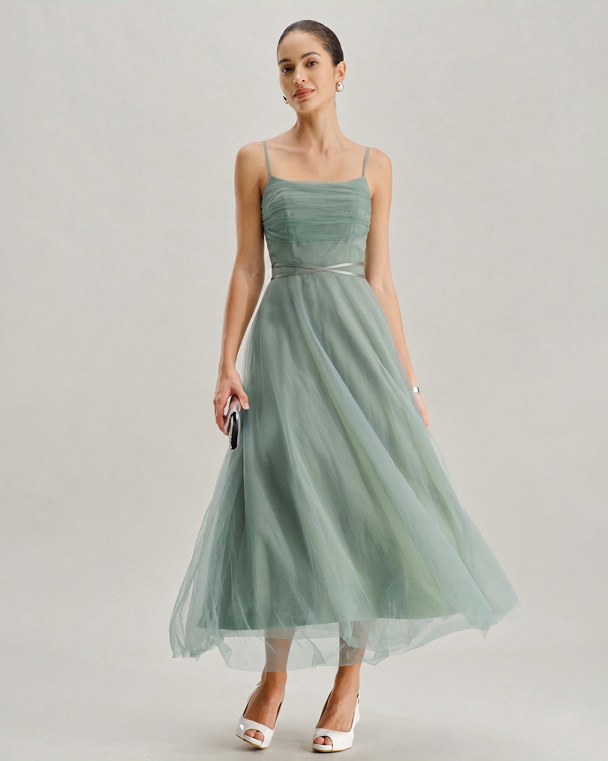 Vestido Midi Deslizante de Malla Verde
