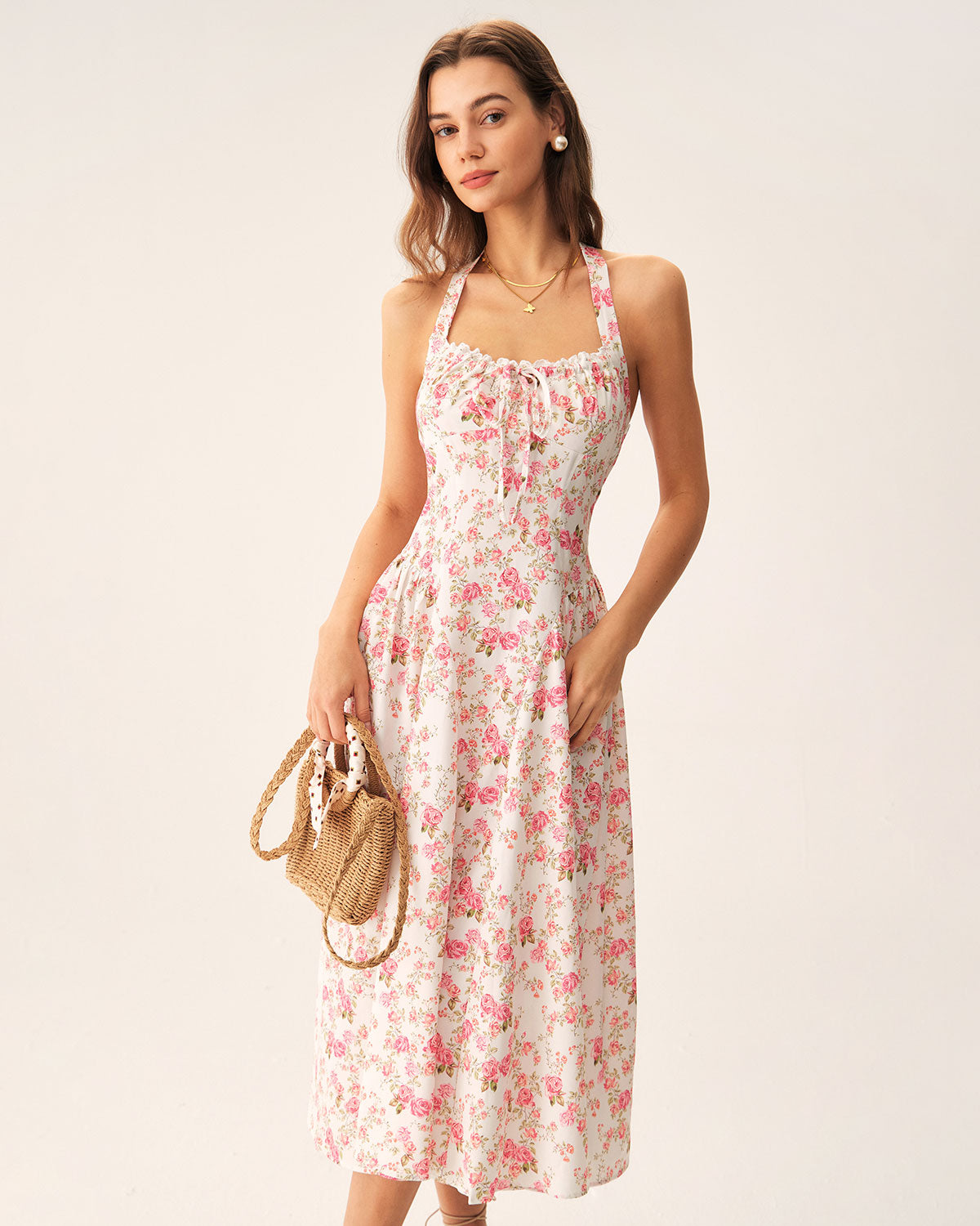 Vestido Midi Halter Floral Rosa