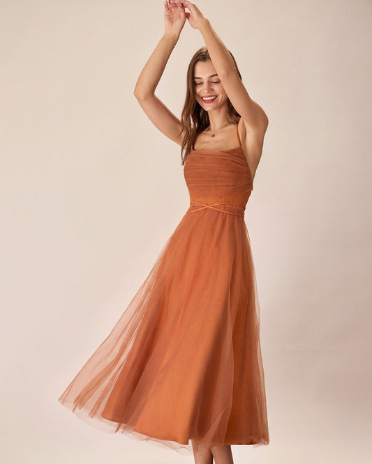 Vestido Midi Deslizante de Malla Caramelo