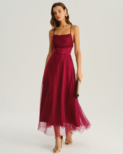Vestido Midi Deslizante Fluido de Malla Color Vino
