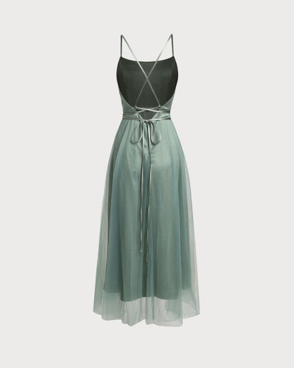 Vestido Midi Deslizante de Malla Verde