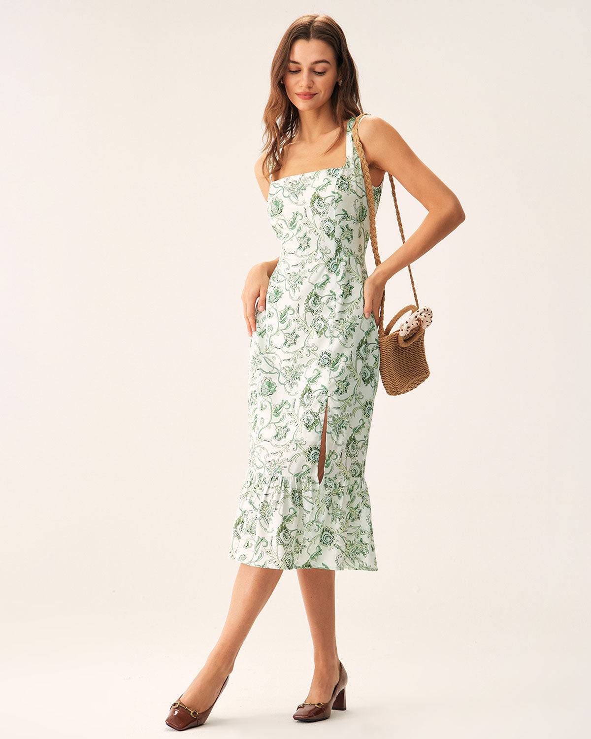 Vestido Midi Verde Floral de Cuello Cuadrado