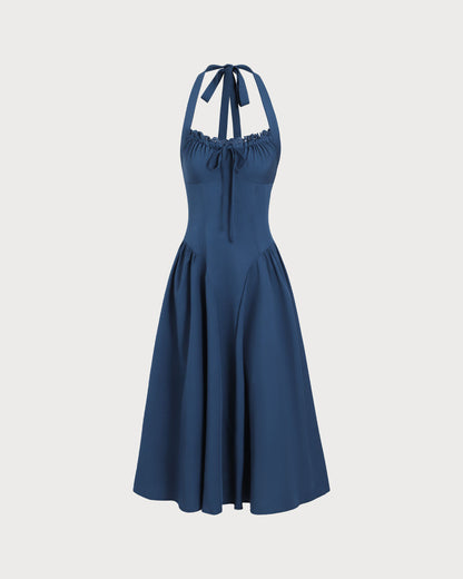 Vestido Midi Halter Arrugado en Color Marino