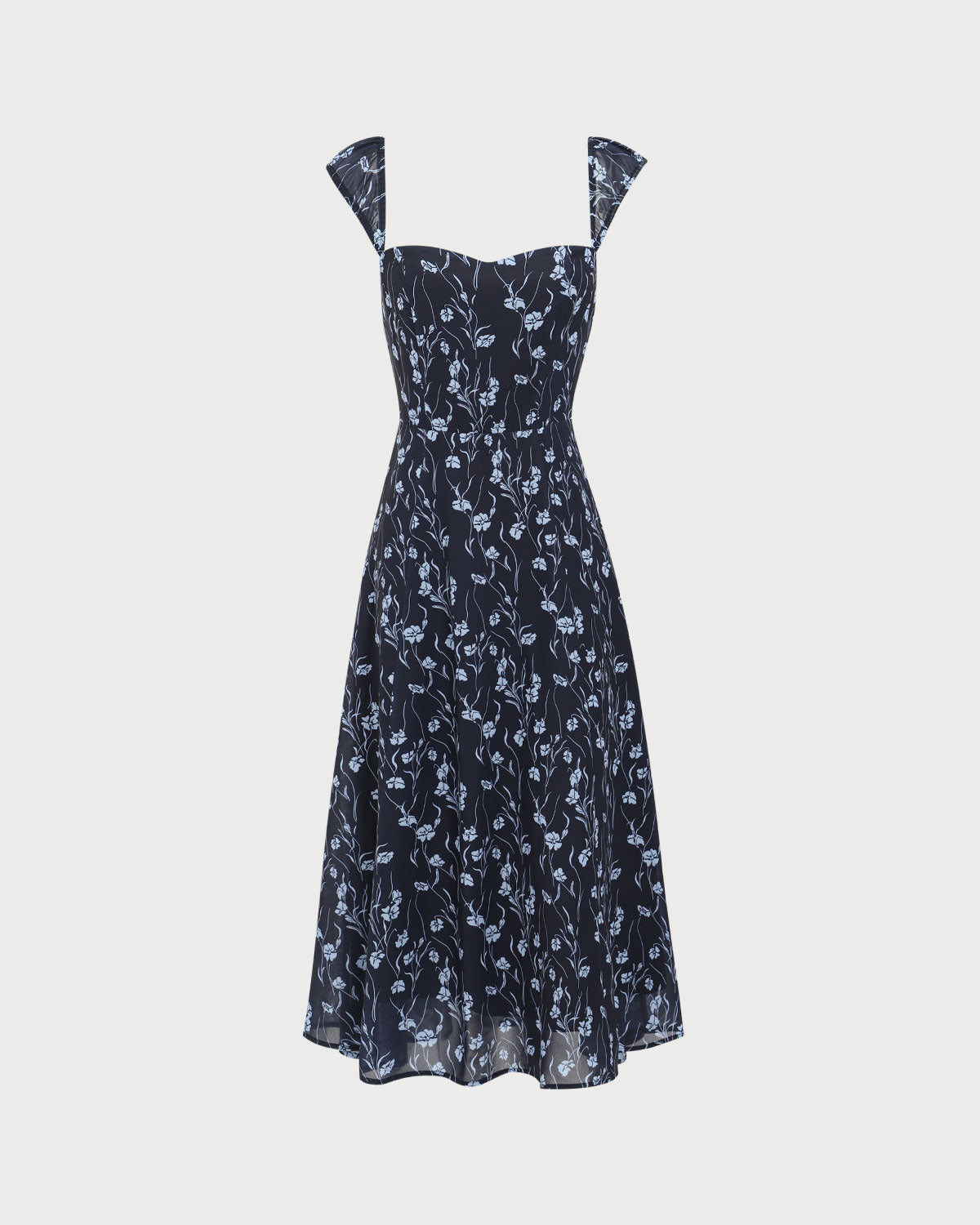 Vestido Midi con Escote Corazón Floral en Azul Marino