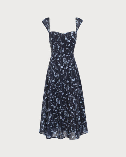Vestido Midi con Escote Corazón Floral en Azul Marino