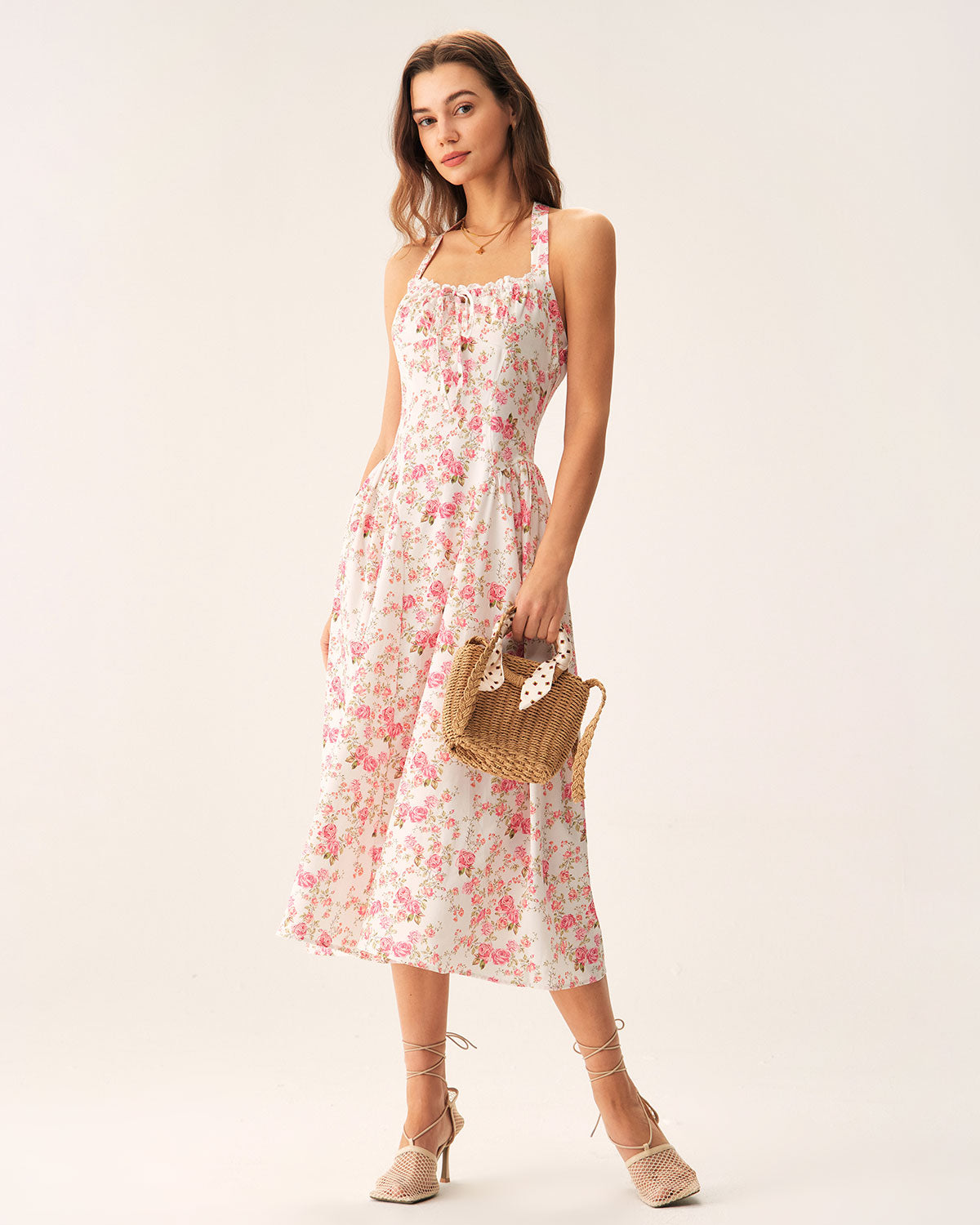 Vestido Midi Halter Floral Rosa