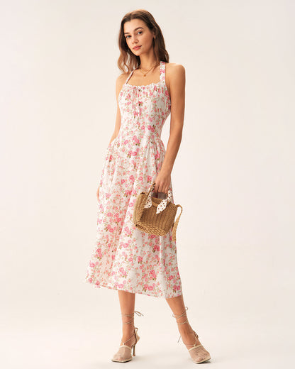 Vestido Midi Halter Floral Rosa