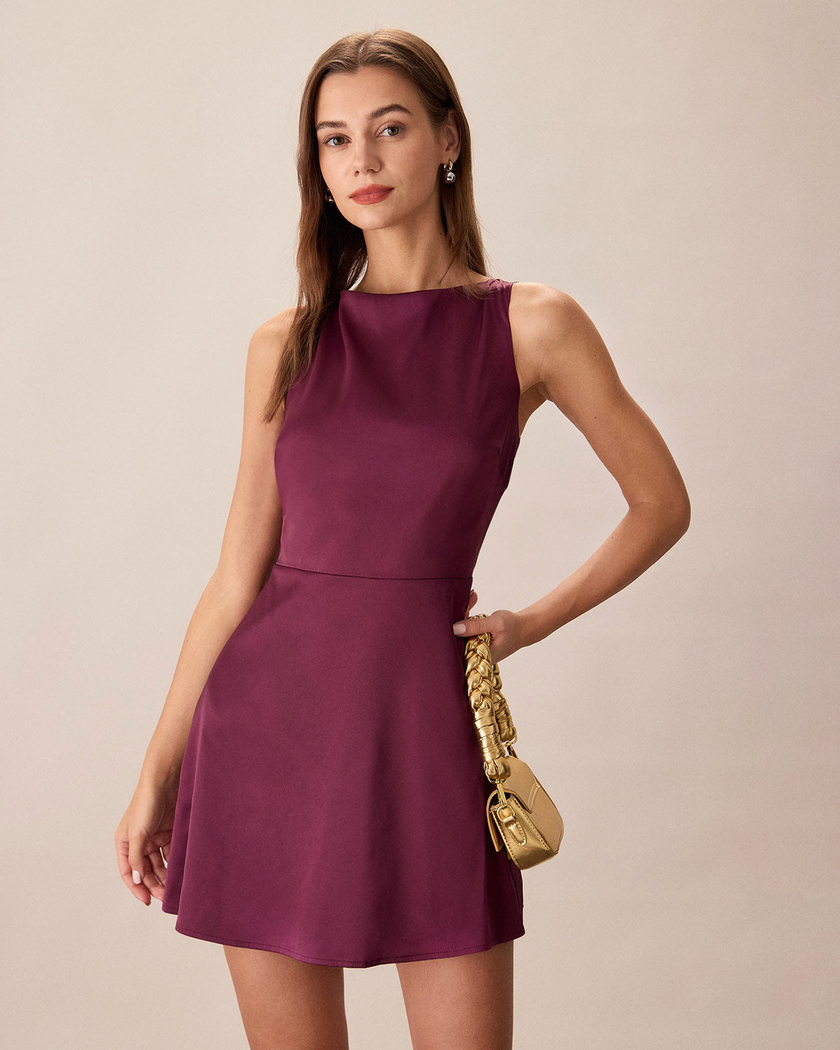 Vestido Mini Sin Mangas de Cuello Barco Púrpura