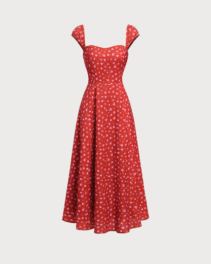 Vestido Midi Rojo Floral con Escote Corazón y Manga Corta