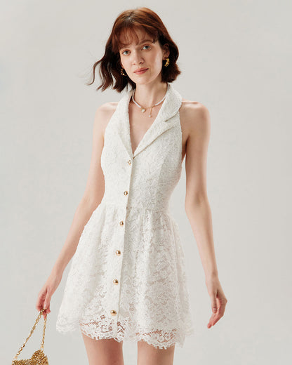 Vestido Mini Sin Mangas con Cuello de Encaje Blanco
