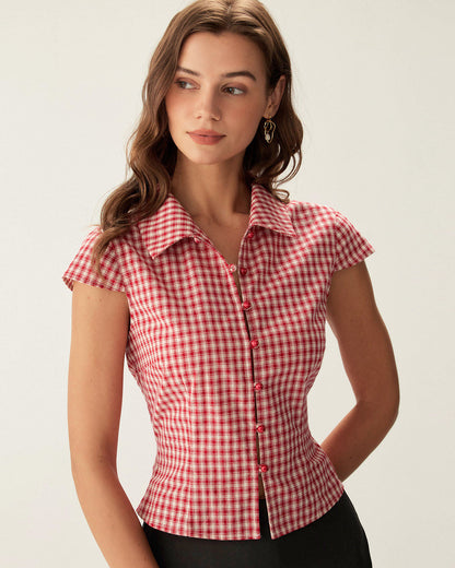 Blusa de Botones de Manga Corta a Cuadros Rojos