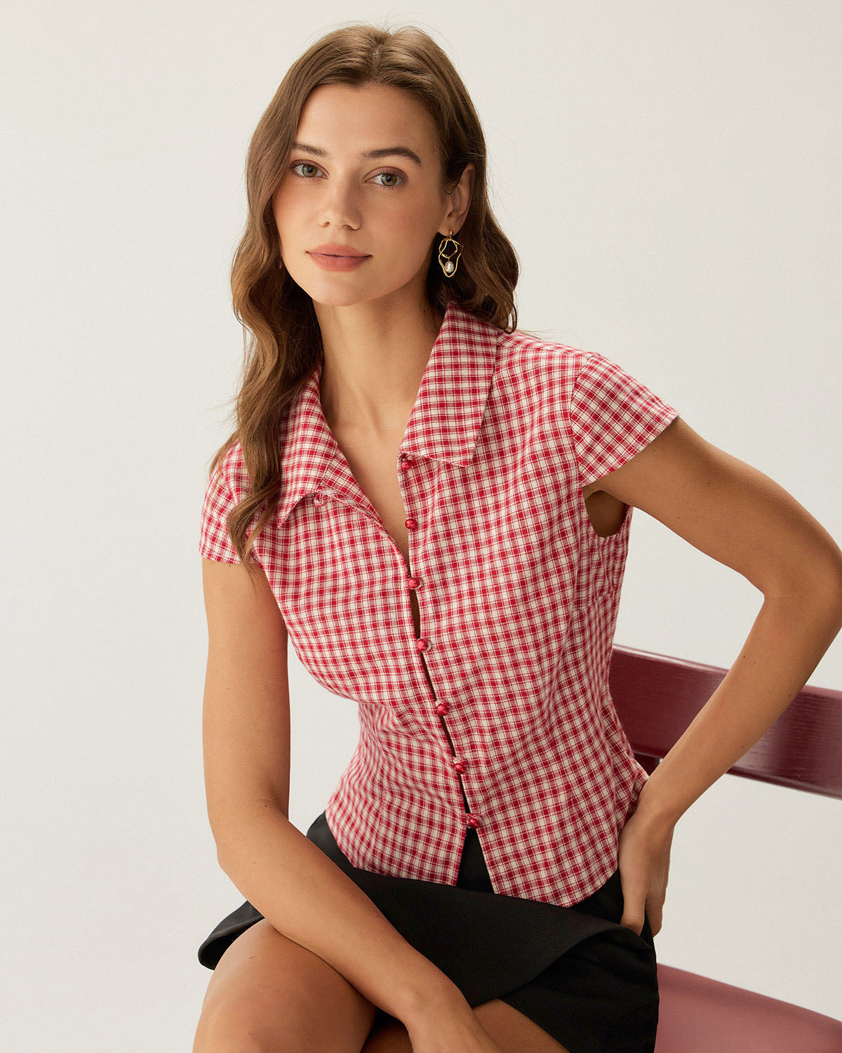 Blusa de Botones de Manga Corta a Cuadros Rojos
