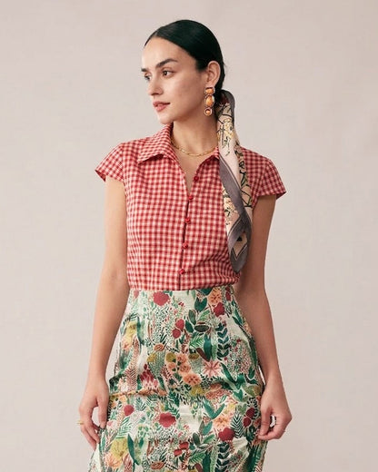Blusa de Botones de Manga Corta a Cuadros Rojos